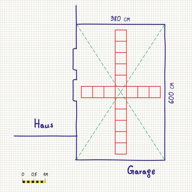 Eine einfache Skizze, gezeichnet auf kariertem Papier oder auf Millimeterpapier, hilft dabei, den Bedarf an Terrassenplatten und Material für die neue Dachterrasse auf einer Garage zu ermitteln. In vielen Fällen ist es günstig, die WARCO-Platten von der Mitte der Fläche ausgehend zu verlegen.