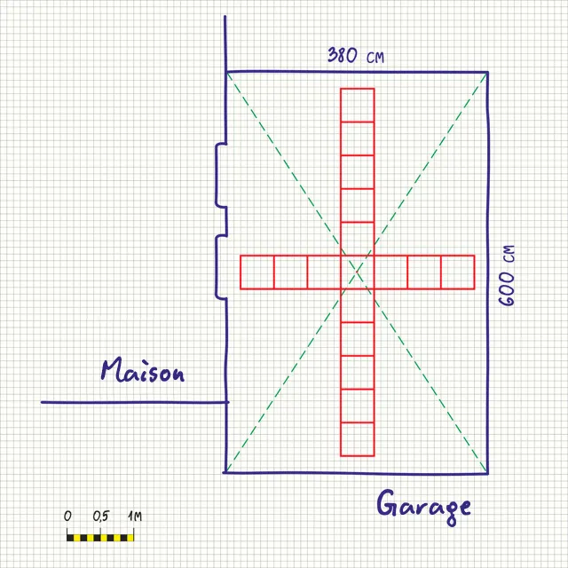 Le simple croquis, dessiné sur du papier quadrillé ou du papier millimétré, permet de déterminer les besoins en dalles pour la terrasse sur le toit d'un garage.