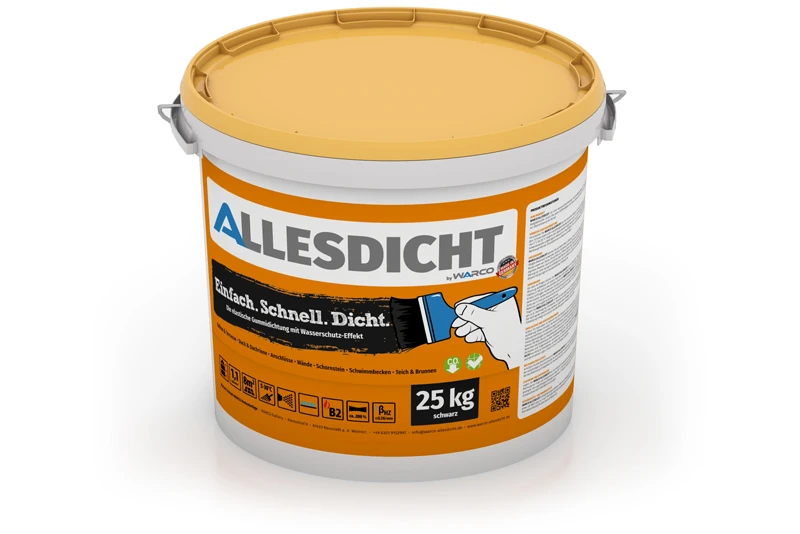 Un seau de 25 kg de ALLESDICHT, un étanchéité liquide pratique de WARCO, qui forme une peau en caoutchouc très élastique.