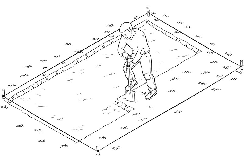 Zeichnung zur Festlegung der Aushubtiefe bei der Planung einer Terrasse.
