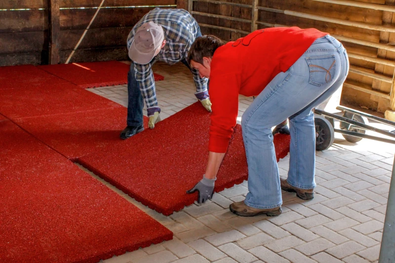 Die großformatigen Stallmatten von WARCO wiegen fast 40 kg. Daher ist es sinnvoll, diese zu zweit zu verlegen. Das Auslegen auf einem vorhandenen Stallboden aus Betonpflaster ist ganz einfach.