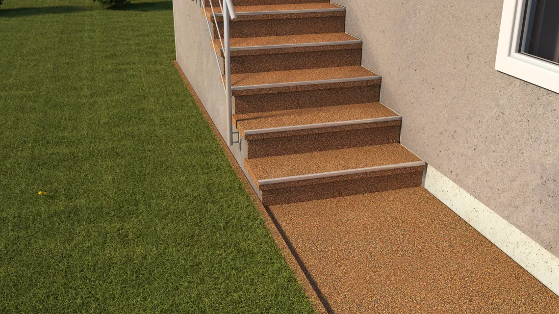 Beispielhafte Verlegung für den Artikel 0100 von WARCO - Treppenbelag, Farbton Terra Cotta in der Abmessung 500 x 500 x 18 mm.