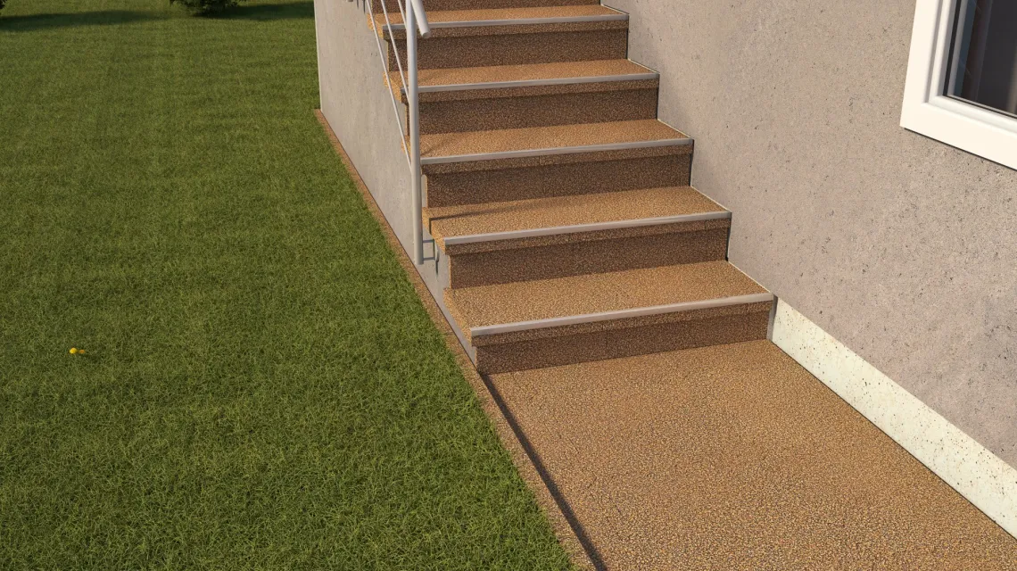 Beispielhafte Verlegung für den Artikel 0109 von WARCO - Revêtement en caoutchouc pour escaliers, Farbton Maroc in der Abmessung 500 x 500 x 18 mm.