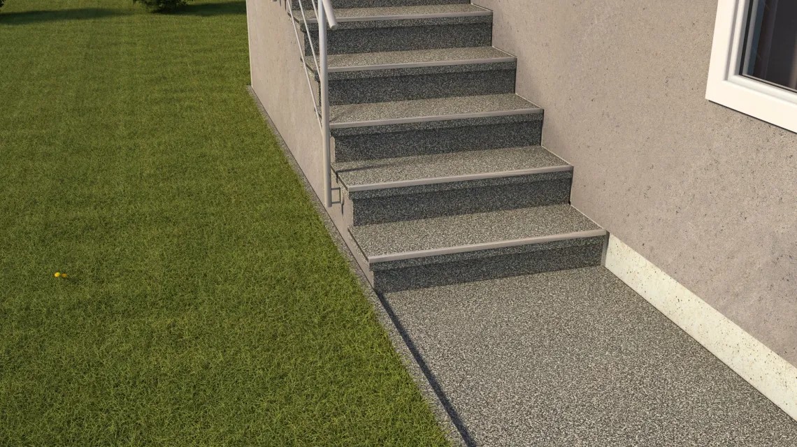 Beispielhafte Verlegung für den Artikel 0287 von WARCO - Revêtement en caoutchouc pour escaliers, Farbton Granit classique in der Abmessung 1000 x 1000 x 18 mm.