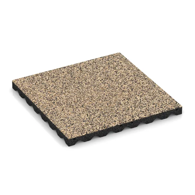 Fallschutzplatte von WARCO im Farbdesign Travertin mit den Abmessungen 500 x 500 x 40 mm. Produktfoto von Artikel 5335 in der Aufsicht von schräg vorne.