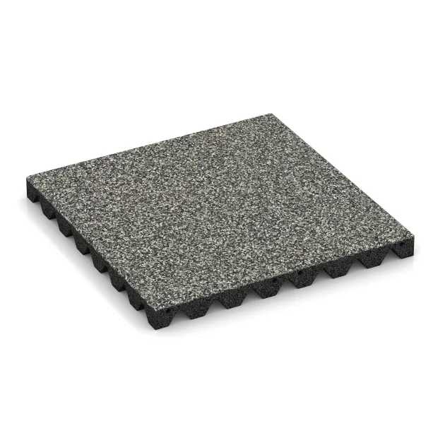 Fallschutzplatte 4,5 cm - EN 1177 ≤ 135 cm von WARCO im Farbdesign Grauer Granit mit den Abmessungen 500 x 500 x 45 mm. Produktfoto von Artikel 5543 in der Aufsicht von schräg vorne.