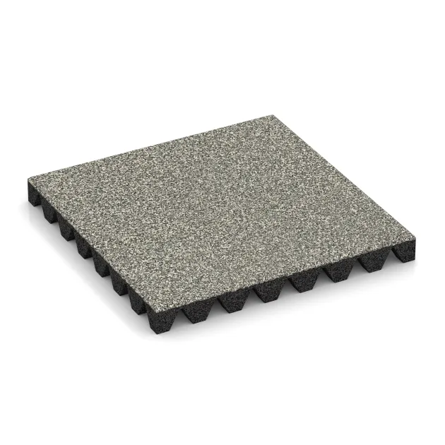 Fallschutzplatte von WARCO im Farbdesign Heller Granit mit den Abmessungen 500 x 500 x 50 mm. Produktfoto von Artikel 5350 in der Aufsicht von schräg vorne.