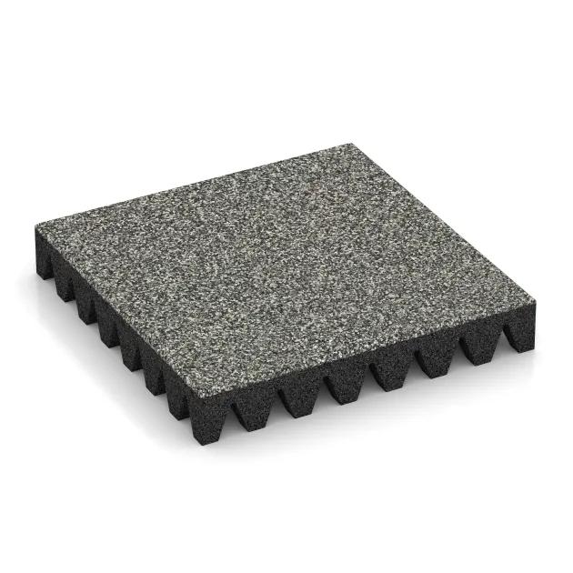 Fallschutzplatte von WARCO im Farbdesign Grauer Granit mit den Abmessungen 500 x 500 x 80 mm. Produktfoto von Artikel 5367 in der Aufsicht von schräg vorne.