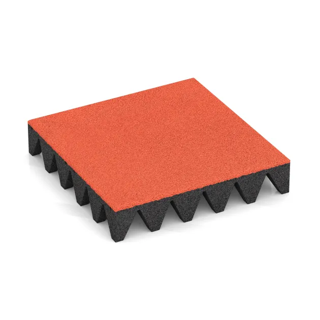 Fallschutzplatte von WARCO im Farbdesign Hellrot-Orange mit den Abmessungen 500 x 500 x 100 mm. Produktfoto von Artikel 0742 in der Aufsicht von schräg vorne.