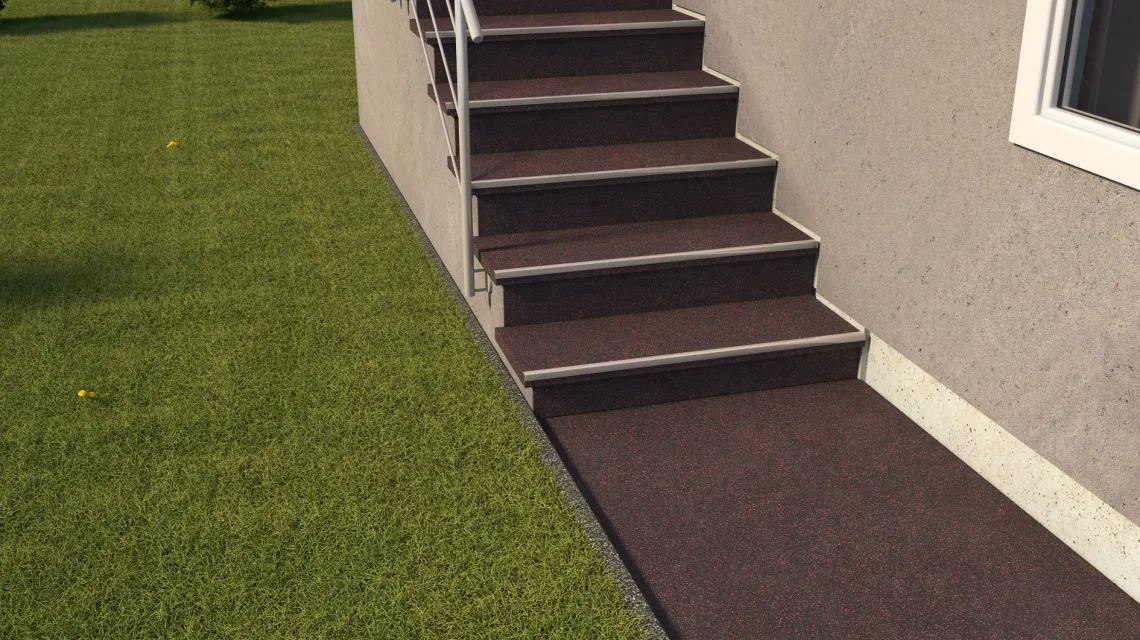Beispielhafte Verlegung für den Artikel 0896 von WARCO - Carreau d’escalier, Farbton Rouge doux moucheté in der Abmessung 485 x 485 x 8 mm.