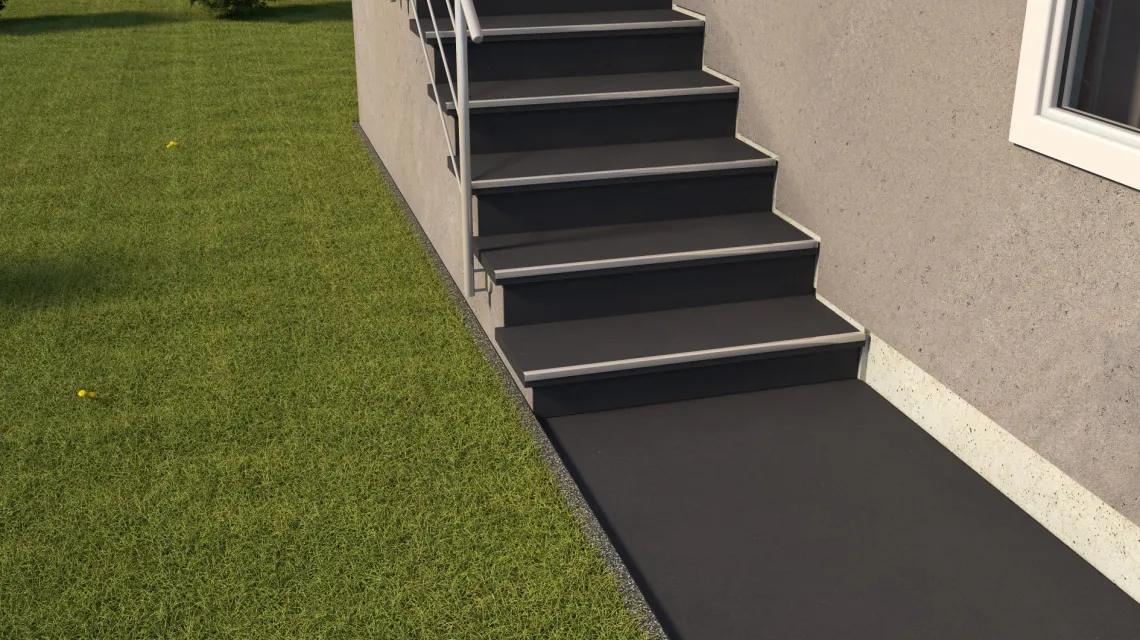 Beispielhafte Verlegung für den Artikel 0911 von WARCO - Treppenfliese, Farbton Anthrazit matt in der Abmessung 485 x 485 x 8 mm | 0,235 m².