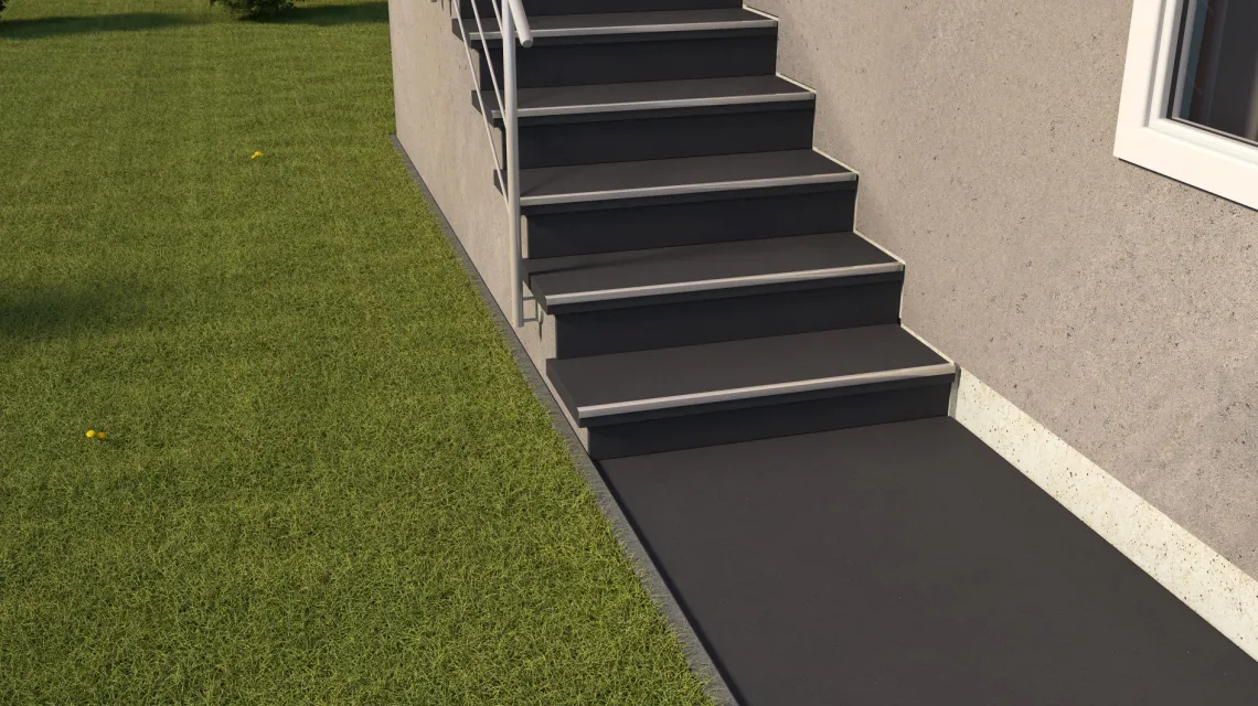 Beispielhafte Verlegung für den Artikel 1048 von WARCO - Treppenfliese, Farbton Anthrazit matt in der Abmessung 970 x 970 x 8 mm | 0,94 m.