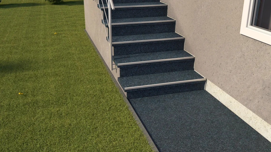 Beispielhafte Verlegung für den Artikel 1115 von WARCO - Carreau d’escalier, Farbton Bleu doux moucheté in der Abmessung 970 x 970 x 16 mm.