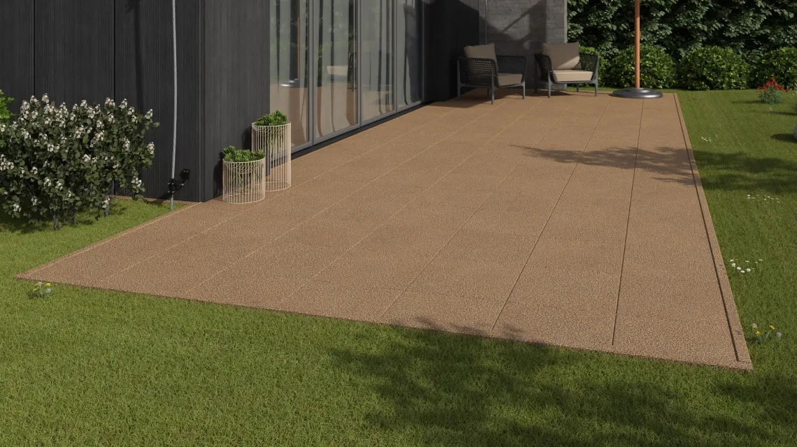 Beispielhafte Verlegung für den Artikel 1153 von WARCO - Terrassenplatte Classic, Farbton Rattan Lounge in der Abmessung 500 x 500 x 30 mm.