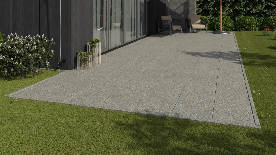 Beispielhafte Verlegung für den Artikel 1157 von WARCO - Terrassenplatte Classic, Farbton Heller Granit in der Abmessung 500 x 500 x 30 mm.