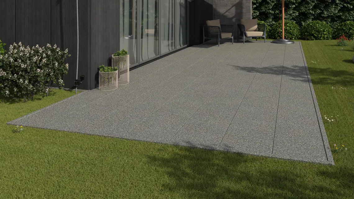 Beispielhafte Verlegung für den Artikel 1158 von WARCO - Terrassenplatte Classic, Farbton Grauer Granit in der Abmessung 500 x 500 x 30 mm.