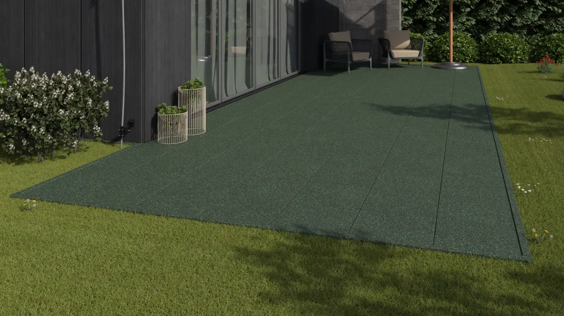 Beispielhafte Verlegung für den Artikel 1160 von WARCO - Terrassenplatte Classic, Farbton Englischer Rasen in der Abmessung 500 x 500 x 30 mm.