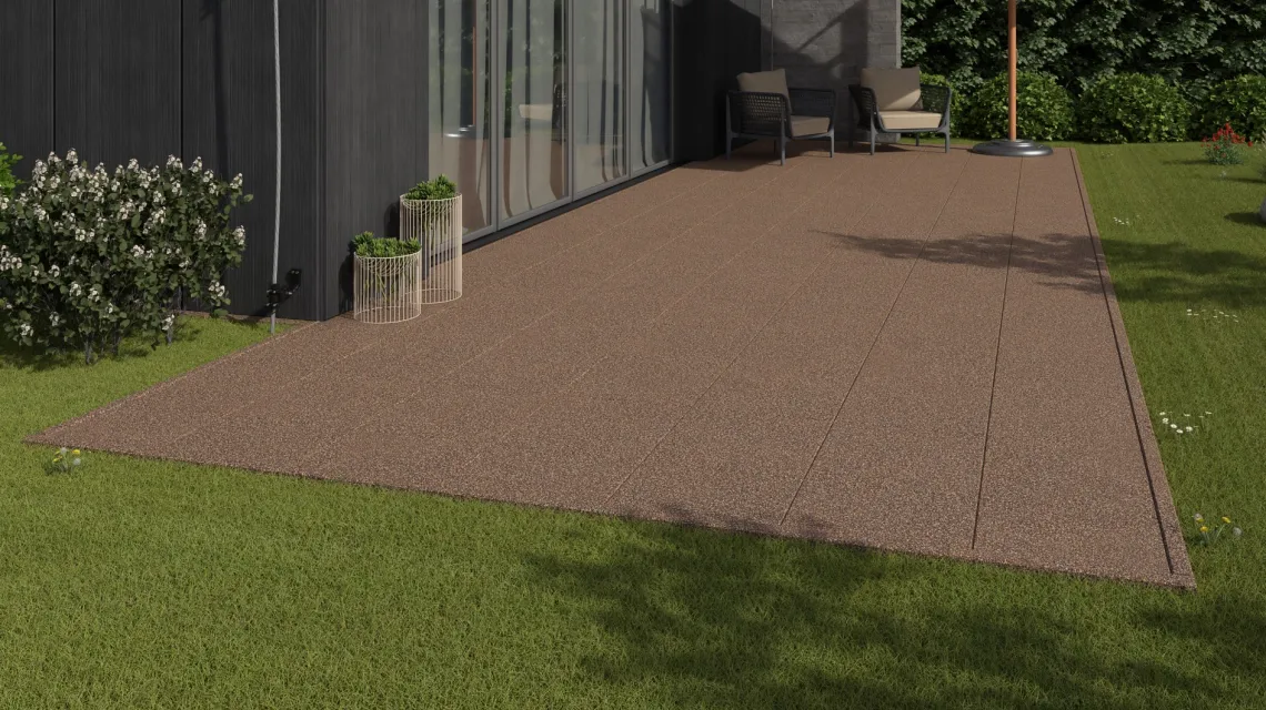 Beispielhafte Verlegung für den Artikel 1162 von WARCO - Terrassenplatte Classic, Farbton Bast & Borke in der Abmessung 500 x 500 x 30 mm.