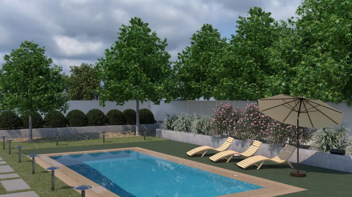 Beispielhafte Verlegung für den Artikel 1209 von WARCO - Dalle plage de piscine Classique, Farbton Pelouse anglaise in der Abmessung 500 x 500 x 30 mm.