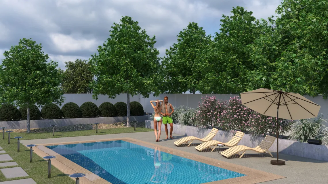 Beispielhafte Verlegung für den Artikel 1341 von WARCO - Dalle plage de piscine Classique, Farbton Granit clair in der Abmessung 500 x 500 x 40 mm.
