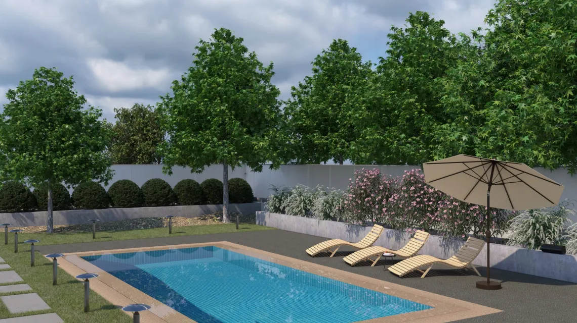 Beispielhafte Verlegung für den Artikel 2725 von WARCO - Dalle plage de piscine, Farbton Granit foncé in der Abmessung 500 x 500 x 30 mm.