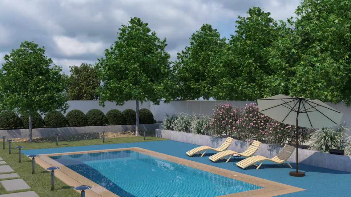 Beispielhafte Verlegung für den Artikel 2735 von WARCO - Dalle plage de piscine, Farbton Atlantique in der Abmessung 500 x 500 x 30 mm.