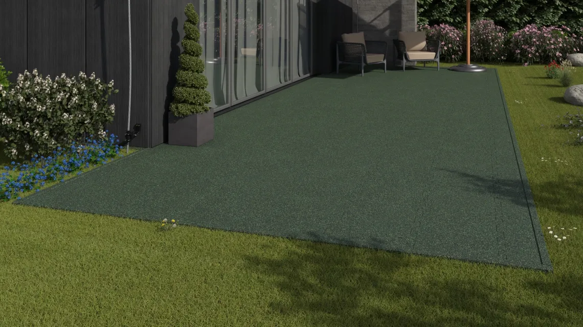 Beispielhafte Verlegung für den Artikel 2844 von WARCO - Outdoor-Klickfliese, Farbton Englischer Rasen in der Abmessung 500 x 500 x 40 mm.