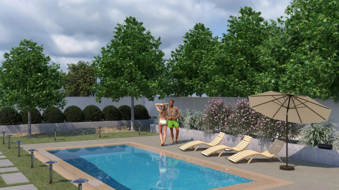 Beispielhafte Verlegung für den Artikel 2920 von WARCO - Dalle plage de piscine, Farbton Granit clair in der Abmessung 500 x 500 x 40 mm.