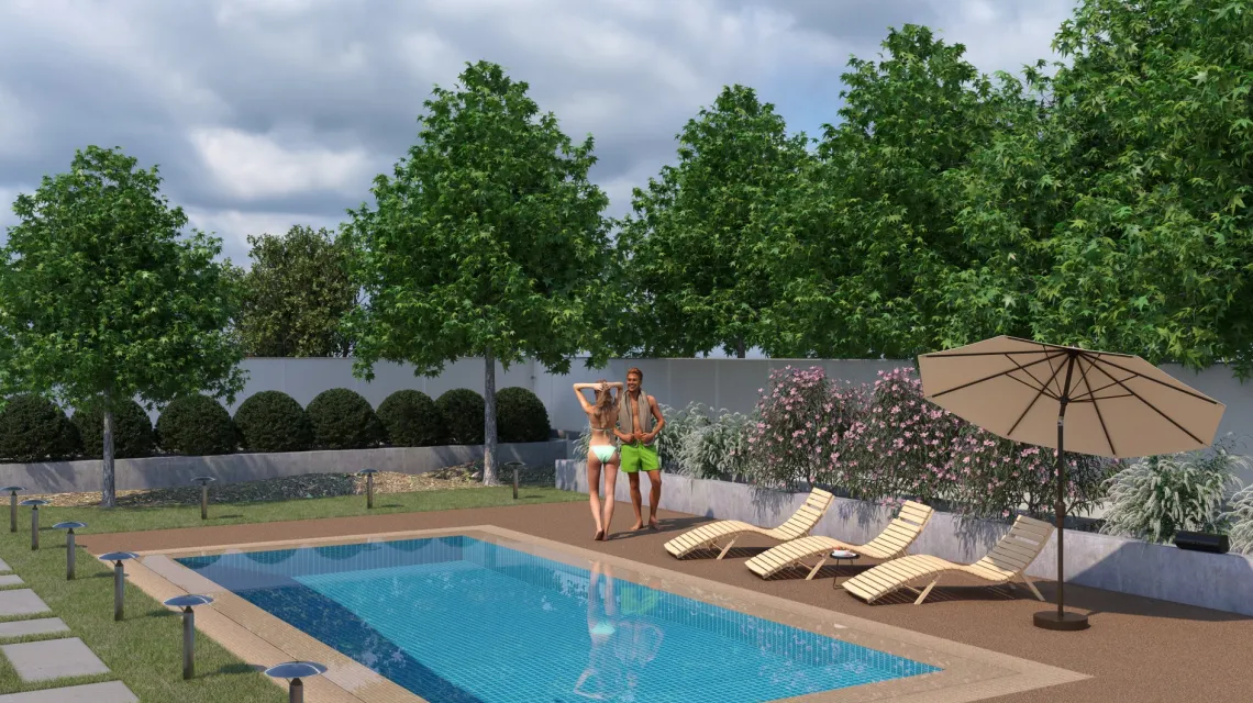 Beispielhafte Verlegung für den Artikel 2923 von WARCO - Dalle plage de piscine, Farbton Café au lait in der Abmessung 500 x 500 x 40 mm.