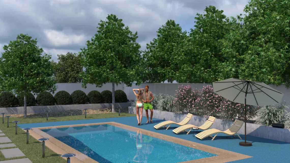 Beispielhafte Verlegung für den Artikel 2928 von WARCO - Dalle plage de piscine, Farbton Atlantique in der Abmessung 500 x 500 x 40 mm.