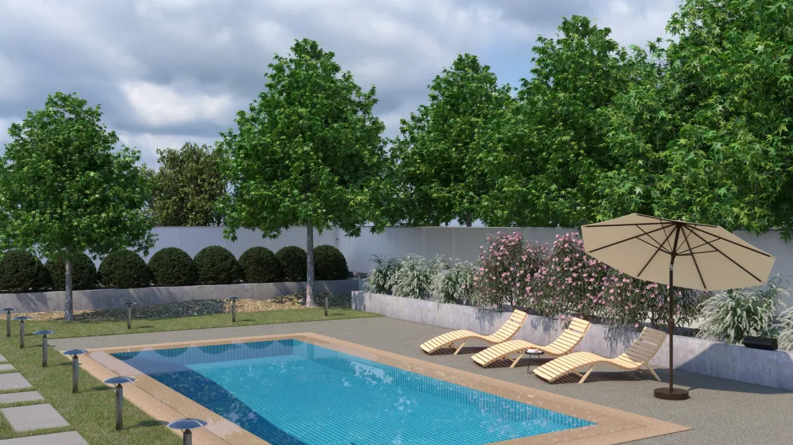 Beispielhafte Verlegung für den Artikel 3849 von WARCO - Dalle plage de piscine sans joints, Farbton Granit classique in der Abmessung 306 x 306 x 20 mm.