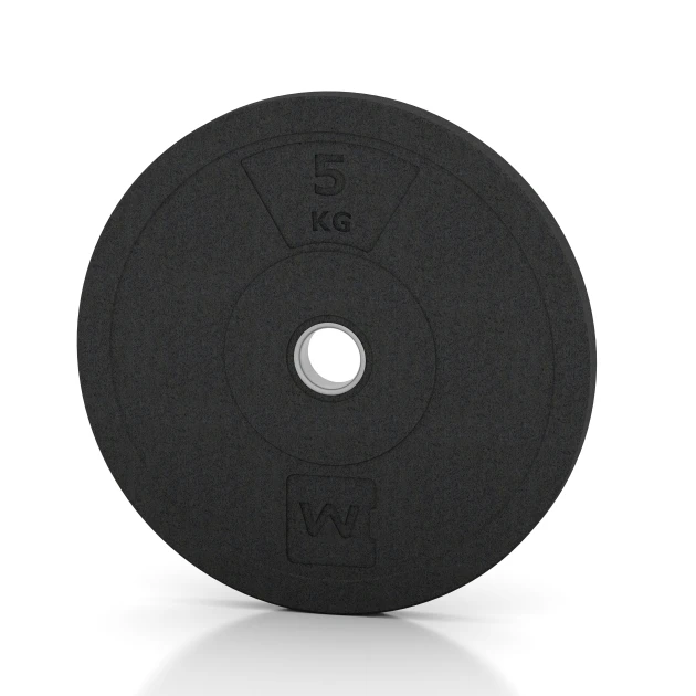 Bumper Plate – Hantelscheibe von WARCO im Farbdesign Anthrazit mit den Abmessungen 5 kg | ø 45,4 x 3,15 cm. Produktfoto von Artikel 6084 in der Aufsicht von schräg vorne.