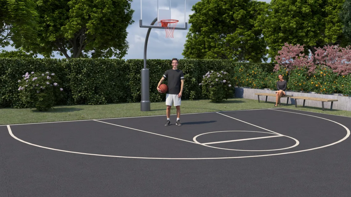 Beispielhafte Verlegung für den Artikel 4197 von WARCO - Revêtement sportif en caoutchouc, Farbton Anthracite in der Abmessung 500 x 500 x 50 mm.