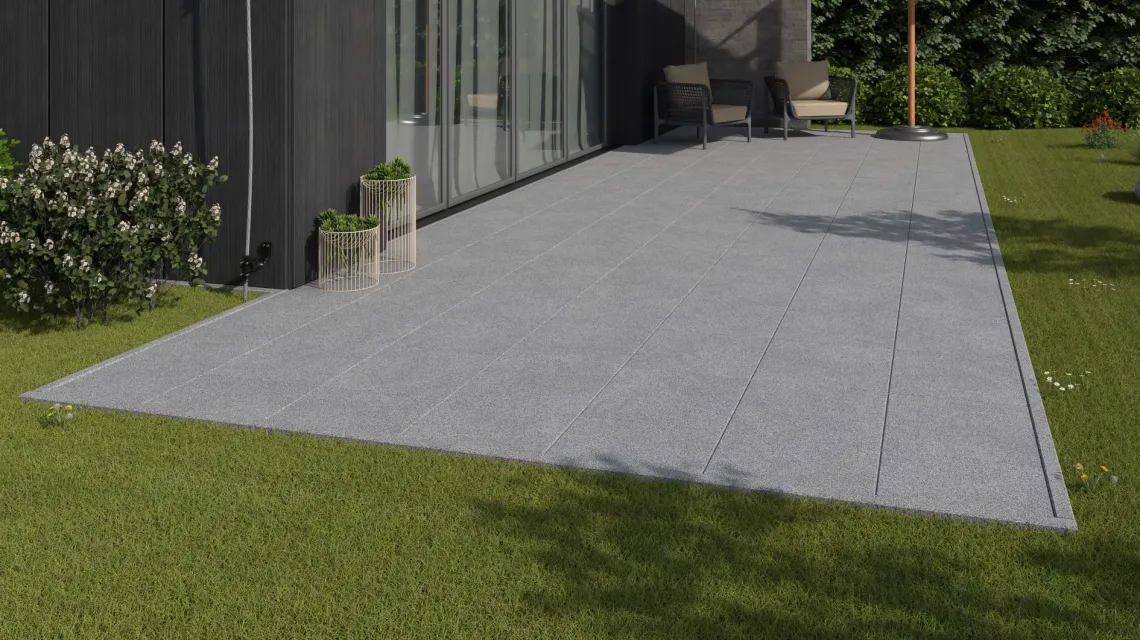 Beispielhafte Verlegung für den Artikel 4616 von WARCO - Terrassenplatte Classic, Farbton Grau Melange in der Abmessung 500 x 500 x 30 mm.