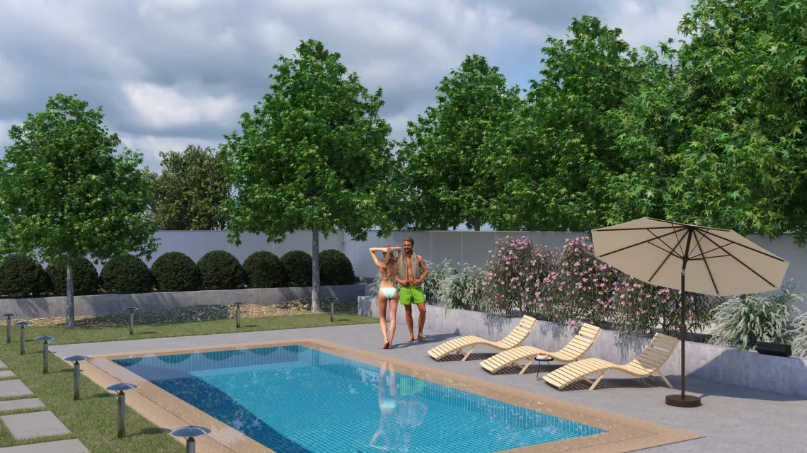 Beispielhafte Verlegung für den Artikel 5227 von WARCO - Dalle plage de piscine sans joints, Farbton Gris mélange in der Abmessung 306 x 306 x 30 mm.