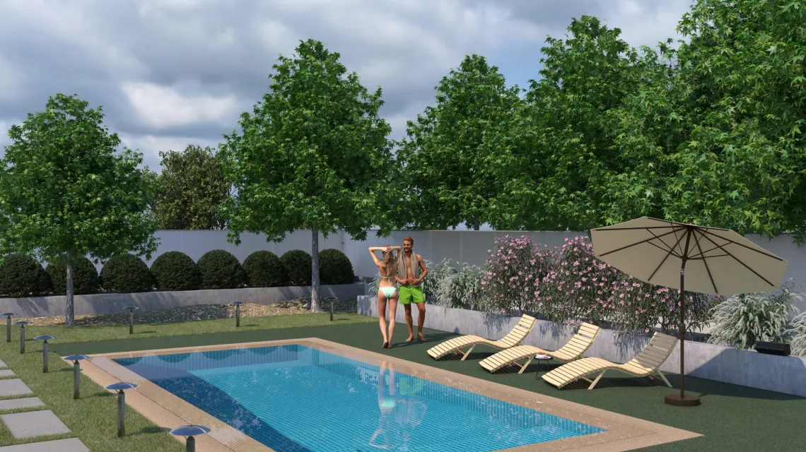 Beispielhafte Verlegung für den Artikel 5228 von WARCO - Dalle plage de piscine sans joints, Farbton Pelouse anglaise in der Abmessung 306 x 306 x 30 mm.