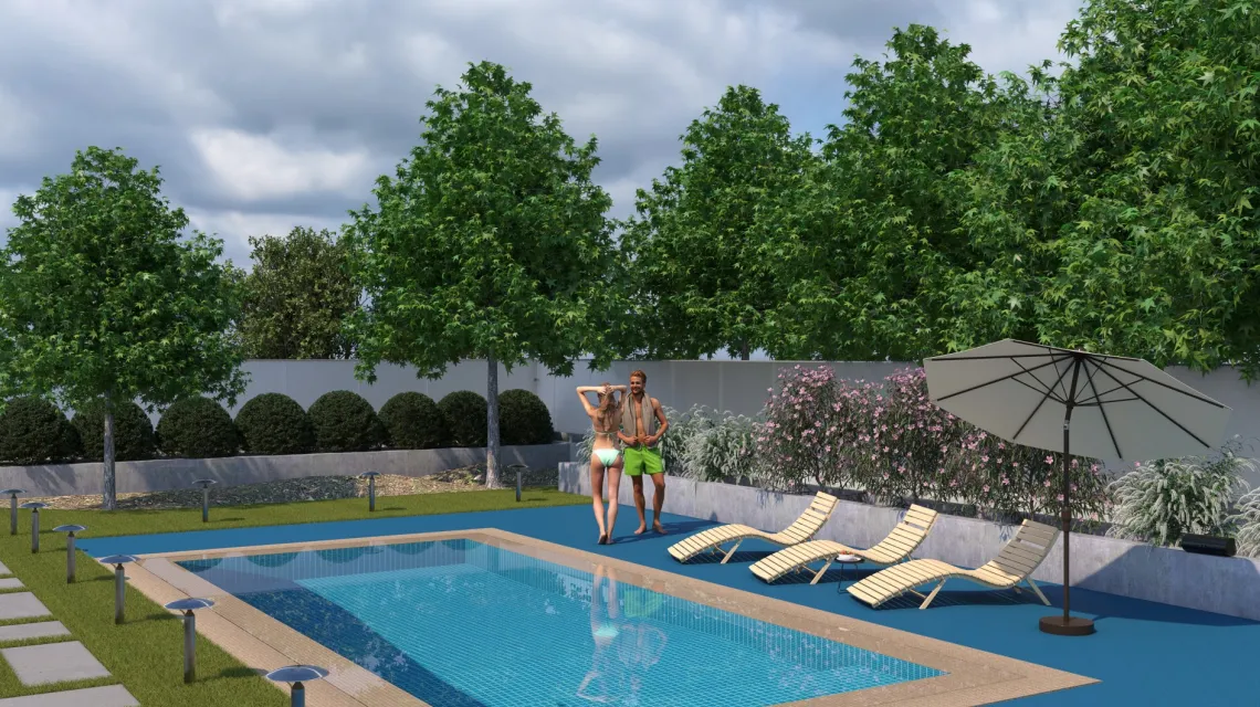 Beispielhafte Verlegung für den Artikel 5237 von WARCO - Dalle plage de piscine sans joints, Farbton Bleu ciel in der Abmessung 306 x 306 x 30 mm.