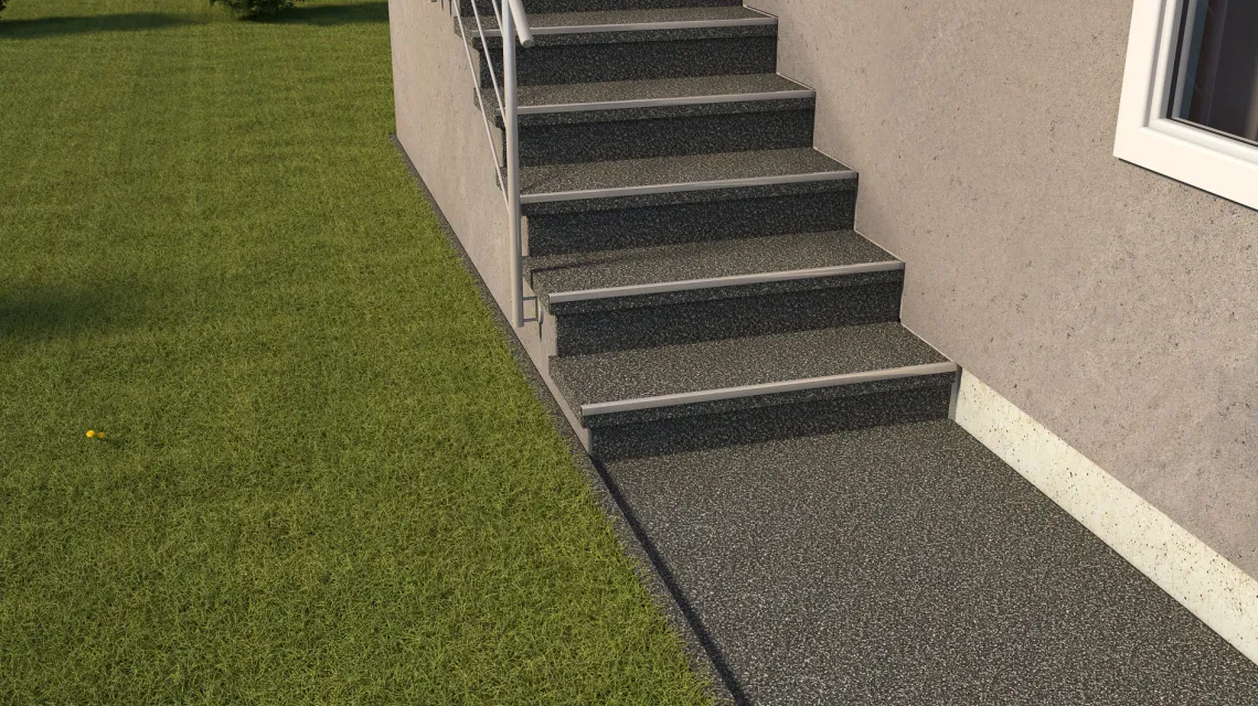 Beispielhafte Verlegung für den Artikel 5422 von WARCO - Carreau d’escalier, Farbton Granit foncé in der Abmessung 306 x 306 x 20 mm.