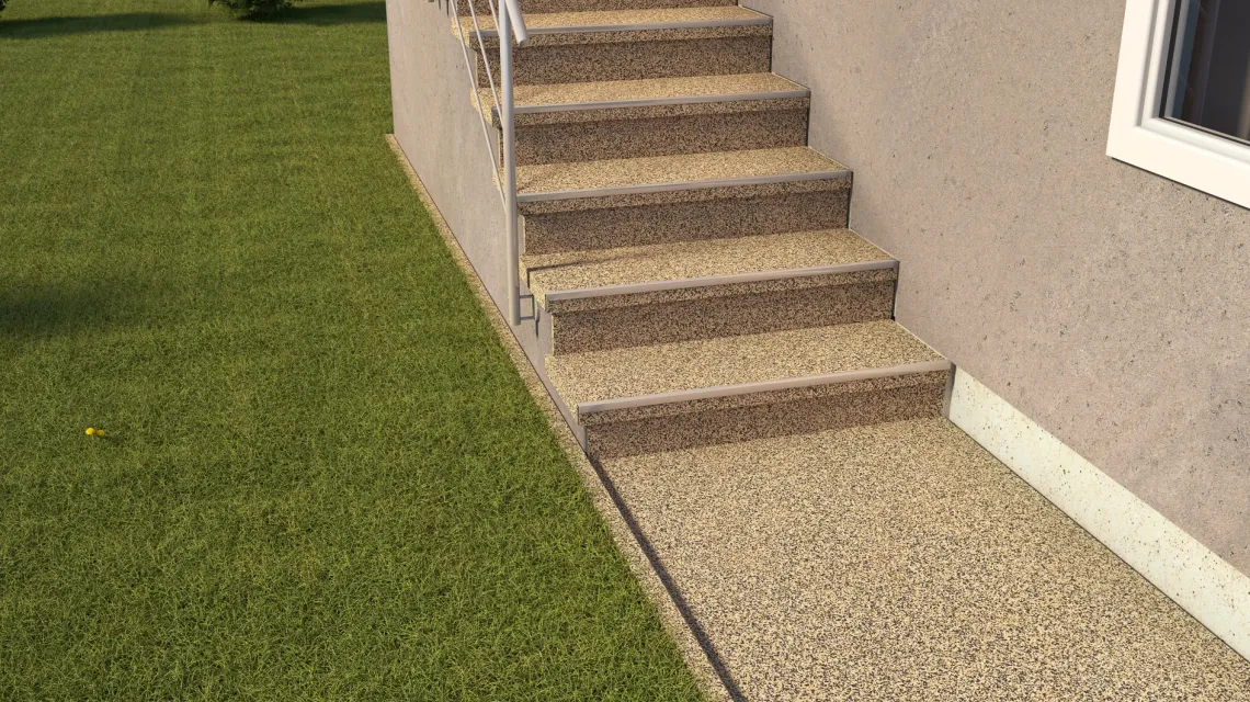 Beispielhafte Verlegung für den Artikel 5426 von WARCO - Carreau d’escalier, Farbton Travertin in der Abmessung 306 x 306 x 20 mm.
