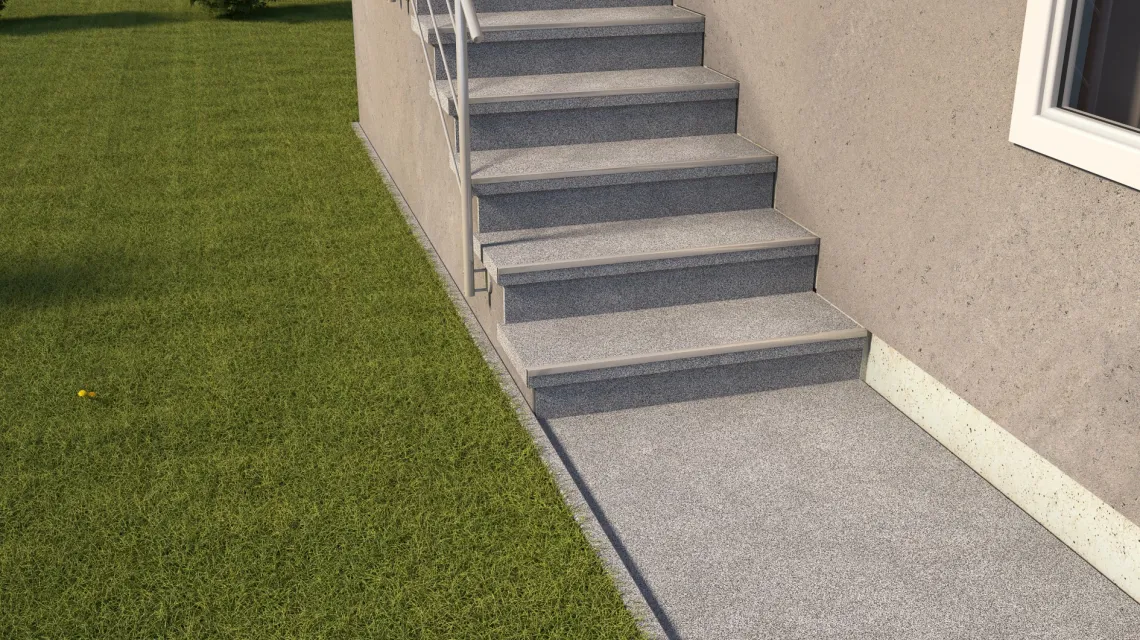 Beispielhafte Verlegung für den Artikel 5440 von WARCO - Treppenfliese, Farbton Grau Melange in der Abmessung 306 x 306 x 20 mm.