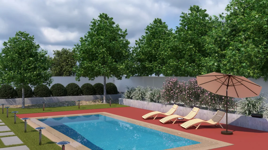 Beispielhafte Verlegung für den Artikel 5991 von WARCO - Dalle plage de piscine sans joints, Farbton Rouge corail in der Abmessung 306 x 306 x 20 mm.
