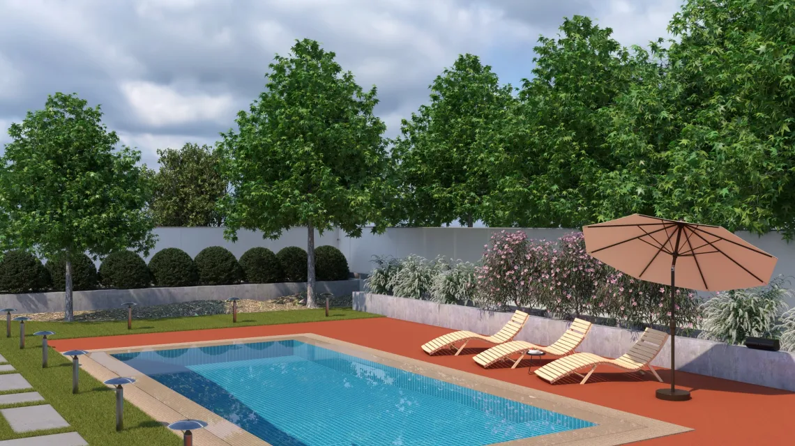 Beispielhafte Verlegung für den Artikel 5993 von WARCO - Dalle plage de piscine sans joints, Farbton Rouge-Orange Clair in der Abmessung 306 x 306 x 20 mm.