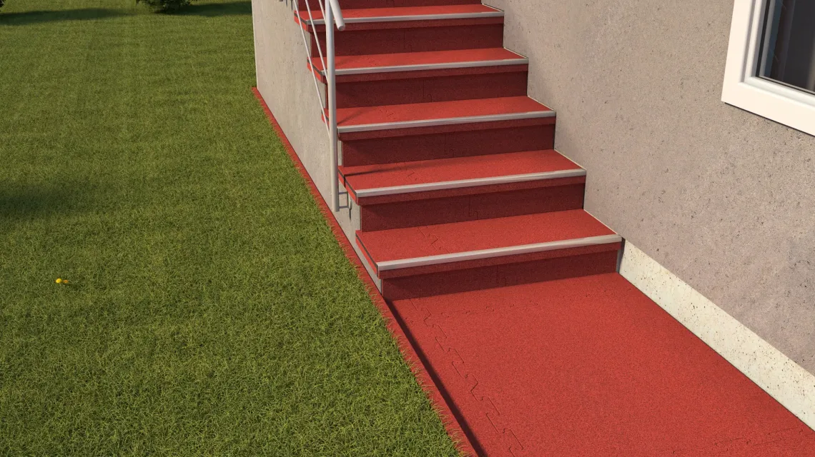 Beispielhafte Verlegung für den Artikel 6025 von WARCO - Carreau d’escalier, Farbton Rouge corail in der Abmessung 1000 x 1000 x 30 mm.