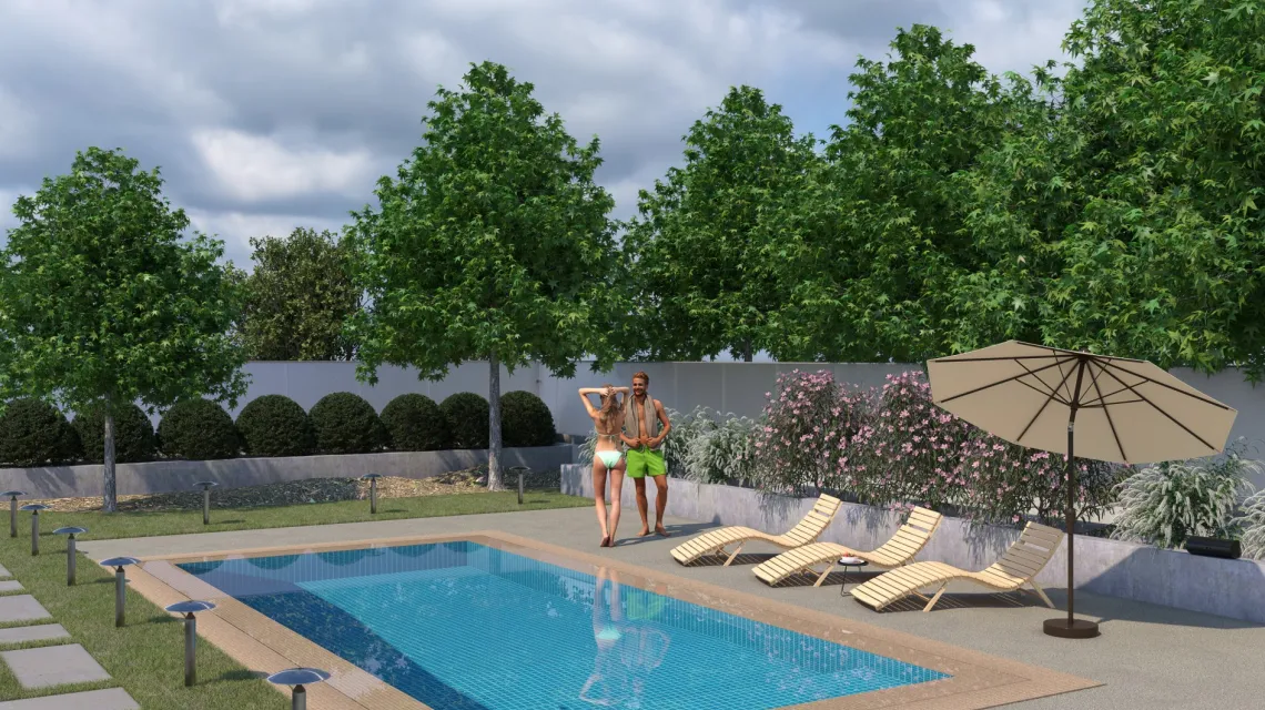 Beispielhafte Verlegung für den Artikel 6106 von WARCO - Dalle plage de piscine sans joints, Farbton Granit clair in der Abmessung 306 x 306 x 30 mm.