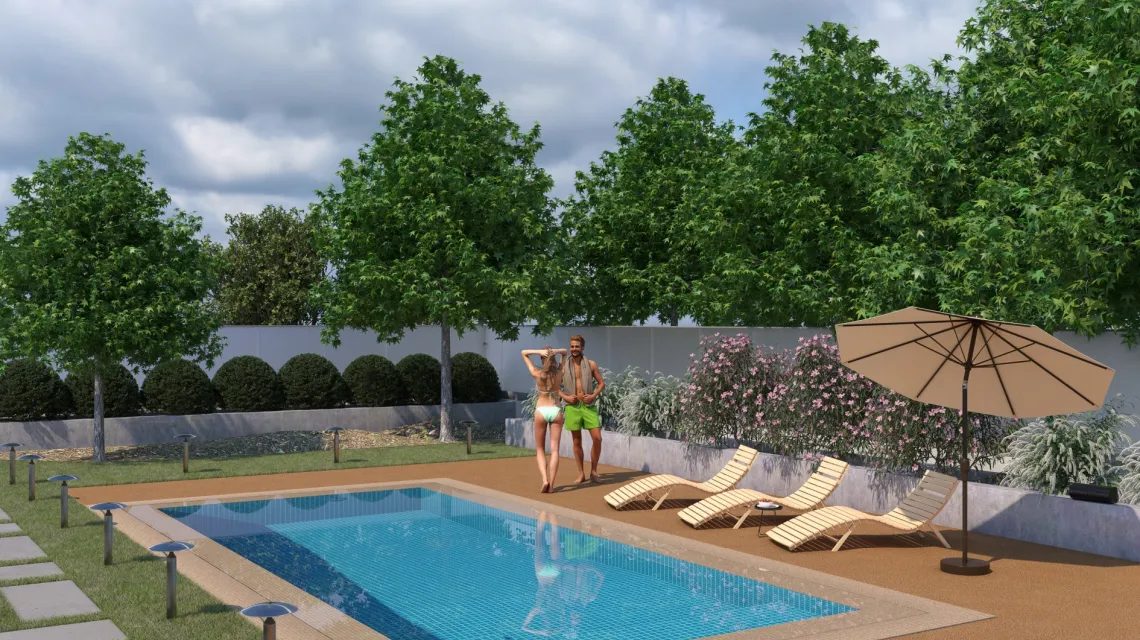 Beispielhafte Verlegung für den Artikel 6107 von WARCO - Dalle plage de piscine sans joints, Farbton Terre cuite in der Abmessung 306 x 306 x 30 mm.