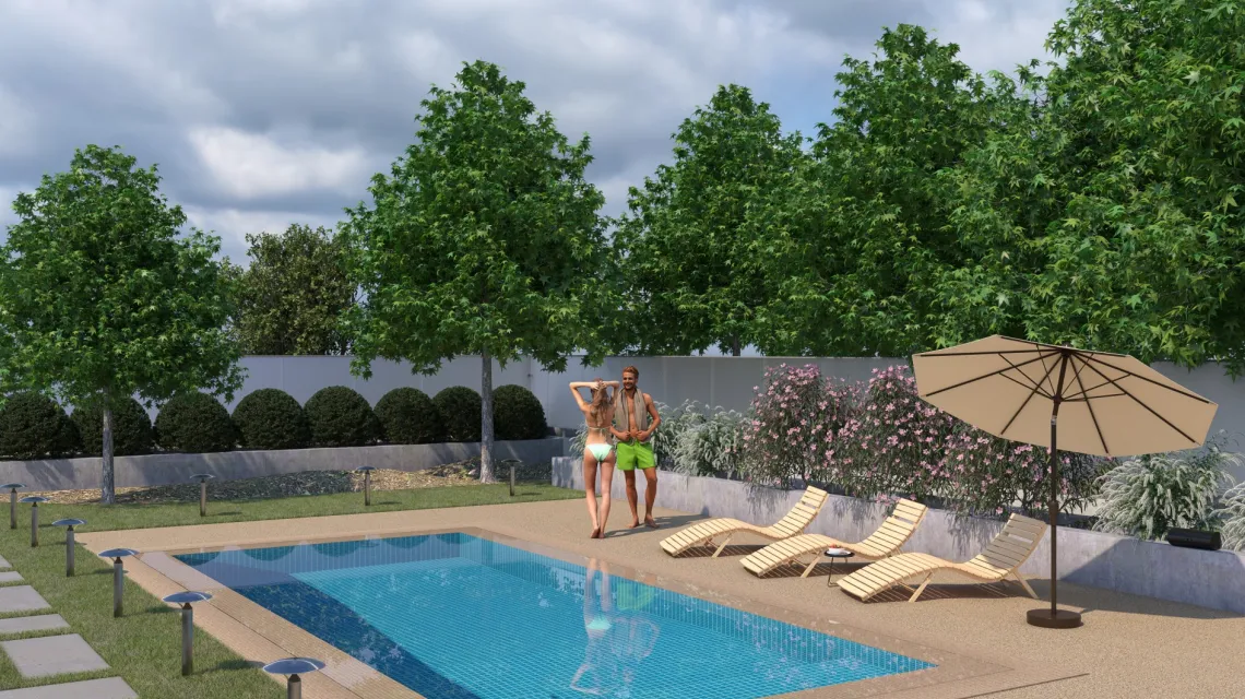 Beispielhafte Verlegung für den Artikel 6108 von WARCO - Dalle plage de piscine sans joints, Farbton Travertin in der Abmessung 306 x 306 x 30 mm.