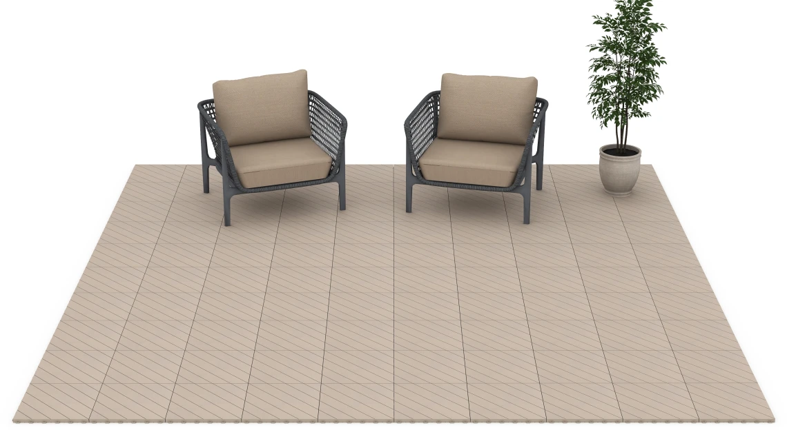 Beispielhafte Verlegung für den Artikel 6327 von WARCO - Point de Hongrie – Dalle clipsable, Farbton Vanille in der Abmessung 38,5 x 38,5 x 2 cm.