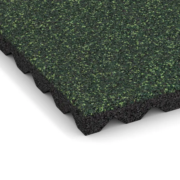 Detailaufnahme der Randausprägung von WARCO-Produkt 5344, Fallschutzplatte, Format 500 x 500 x 40 mm, Farbe Englischer Rasen.