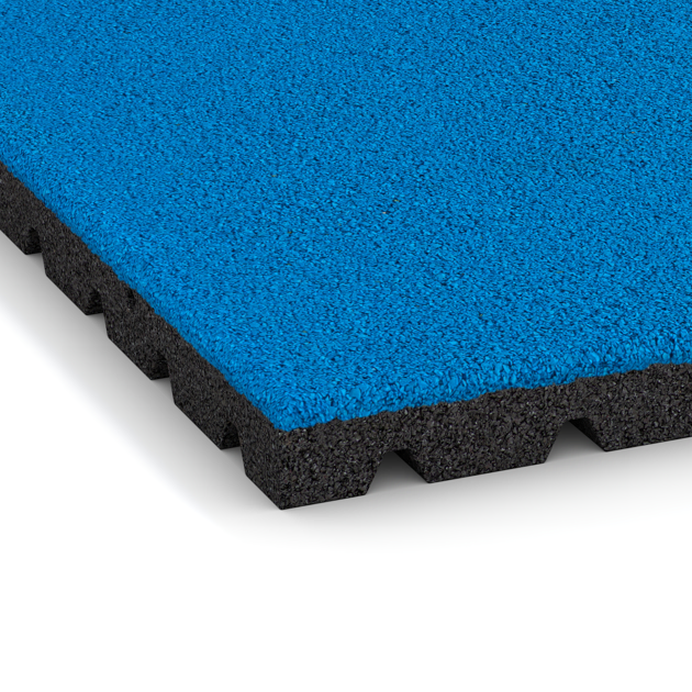 Detailaufnahme der Randausprägung von WARCO-Produkt 0765, Fallschutzmatte, Format 1000 x 1000 x 40 mm, Farbe Himmelblau.