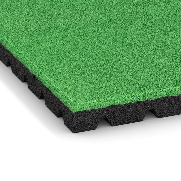 Detailaufnahme der Randausprägung von WARCO-Produkt 0769, Fallschutzmatte, Format 1000 x 1000 x 40 mm, Farbe Maigrün.